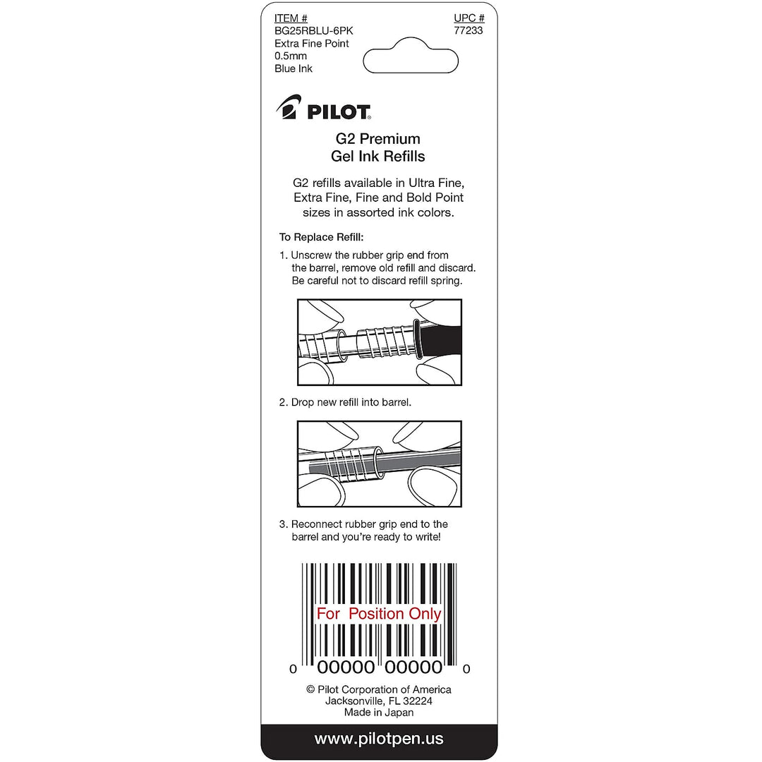 Pilot, G2 Gel Ink Refills, Extra Fine Point 0.5 mm, Blue, Pack of 2