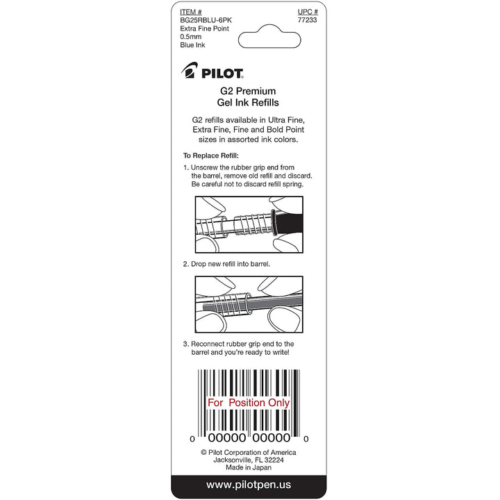 Pilot, G2 Gel Ink Refills, Extra Fine Point 0.5 mm, Blue, Pack of 2