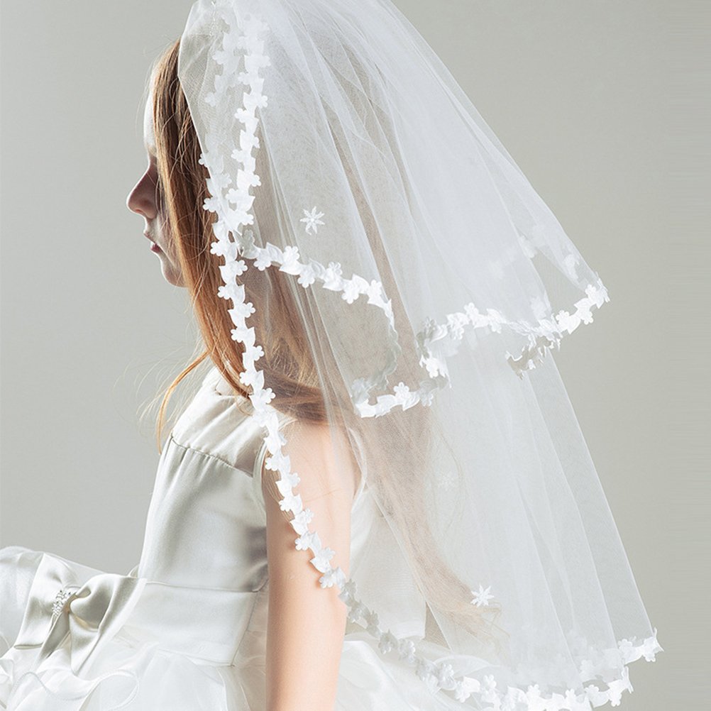 Frcolor Girl's 2 Layers Veils Ivory Lace Flower Veil Hair Accessory with Tiara Crown for Party