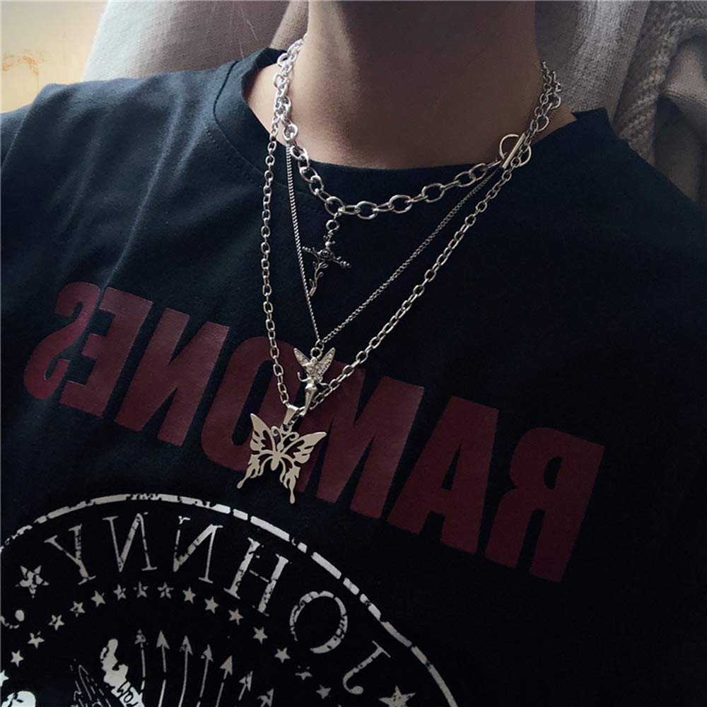 Dainty Punk Layering Chunky Chain Choker Toggle Necklace Boho Jewelry Set Layered Butterfly Cross Angel Pendant Statement Necklace Festival Statement Necklace for Women Man