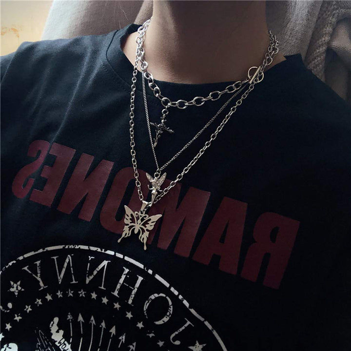 Dainty Punk Layering Chunky Chain Choker Toggle Necklace Boho Jewelry Set Layered Butterfly Cross Angel Pendant Statement Necklace Festival Statement Necklace for Women Man