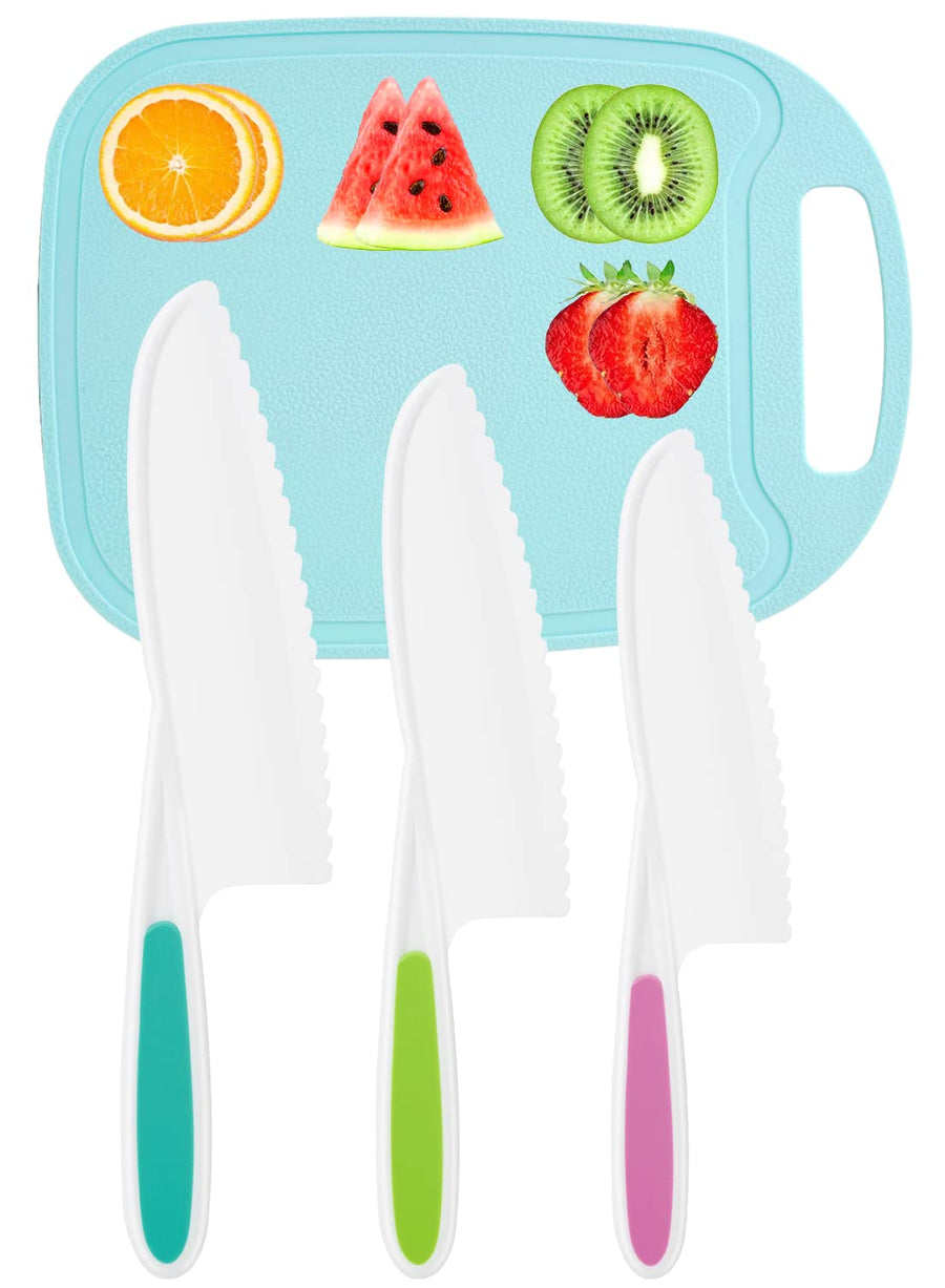 Kids Knife 4-Piece with Cutting Board - Toddler Knife Set Children's Cooking Nylon Knives - Serrated Edges and Firm Grip Suitable for Cutting Salad, Fruit, Cake, Lettuce (3 Sizes & Colors)