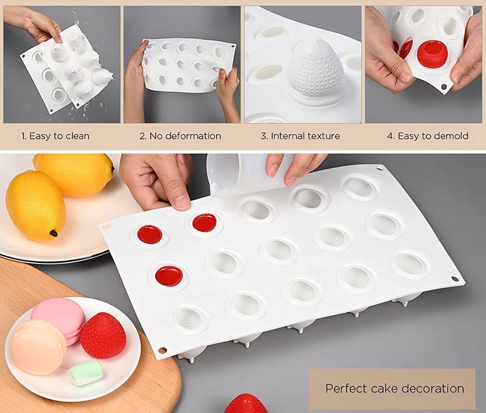 3D Big Strawberry Shaped Silicone Mold &amp; 2 Dessert Spoons,for Baking Creative Mousse Cake Topper Dessert Cup Decoration Chocolate Truffle Pastry Fruit Ice Cream Polymer, Resin Model Clay Soap; D10