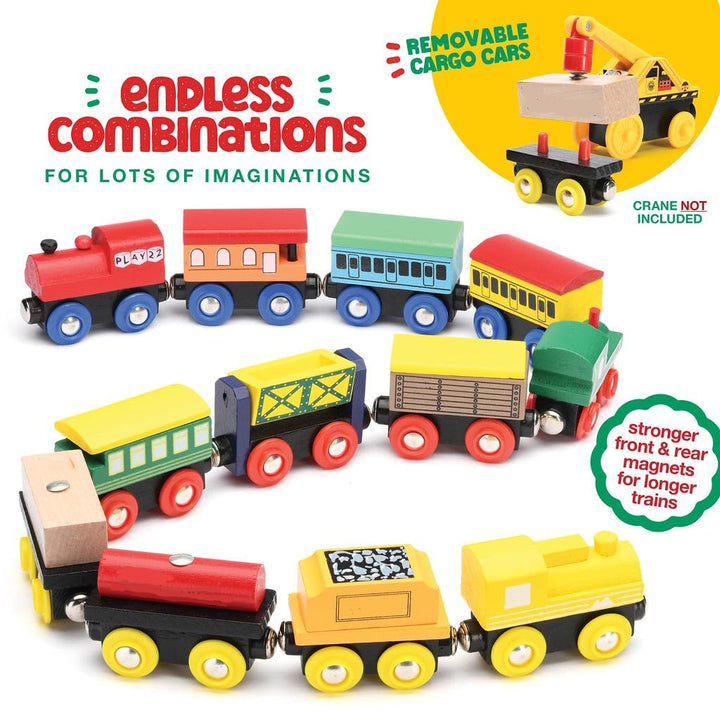 Wooden Train Set 12 PCS - Train Toys Magnetic Set Includes 3 Engines - Toy Train Sets For Kids Toddler Boys And Girls - Compatible With All Major Brands - Original - By