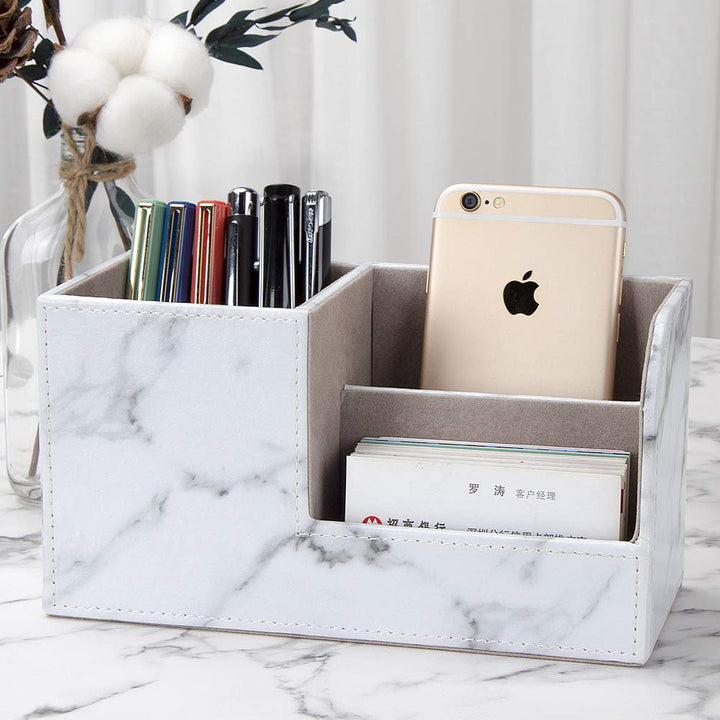 Desk Organizer Office Supplies Caddy Pu Leather Multi-function Storage Box Pen/Pencil,Cell phone, Business Name Cards Remote Control Holder Gray Marble