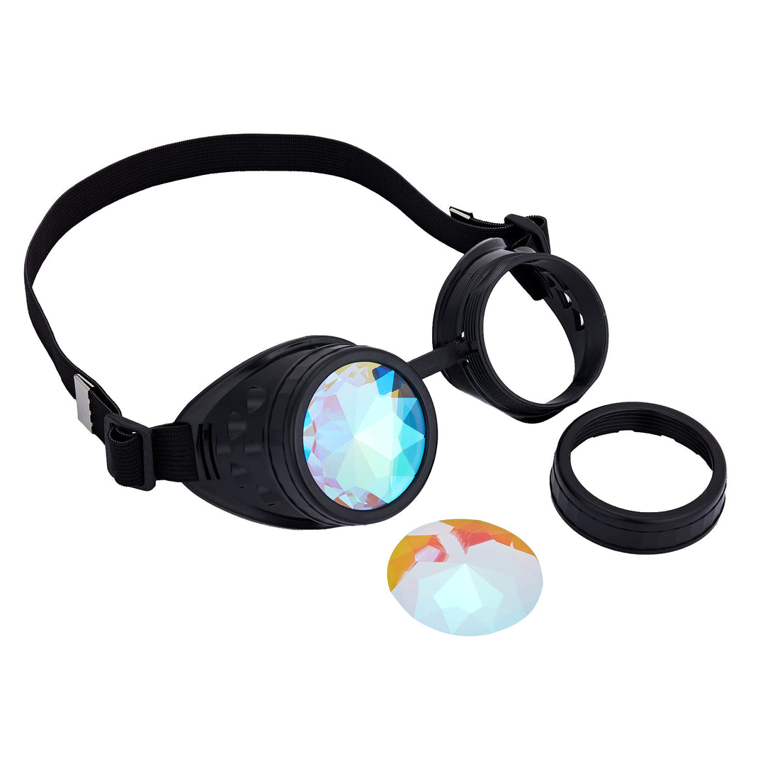 Steampunk Rave Glasses Goggles with Rainbow Crystal Glass Lens,Black,Adjustable