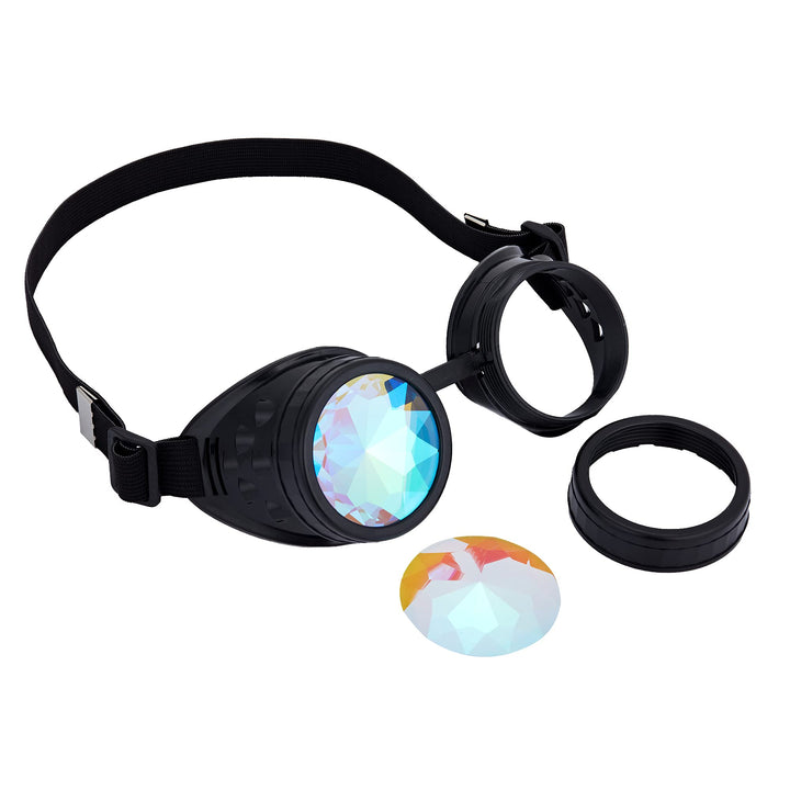 Steampunk Rave Glasses Goggles with Rainbow Crystal Glass Lens,Black,Adjustable