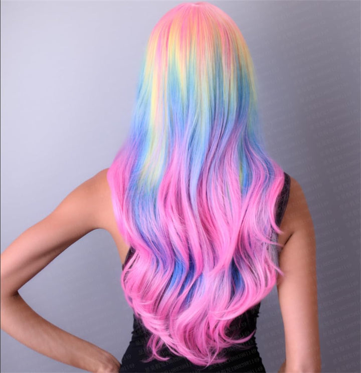 New 27.56&#39;&#39; Long Multicolor Wavy Gradient Spring Bouquet Cosplay Wig Rainbow Colorful Fiber Synthetic Wig For Women
