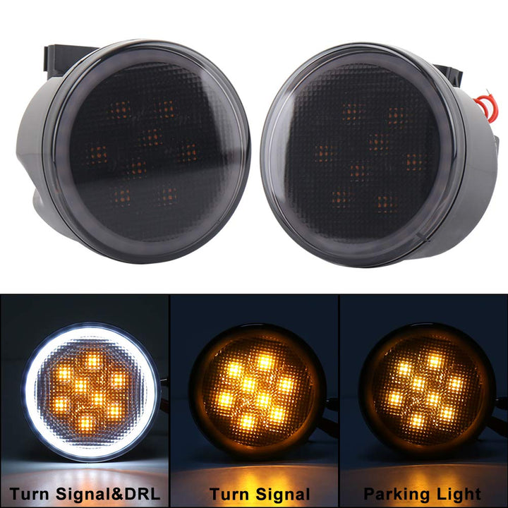 JK Turn Signal Lights White Halo Amber LED Smoke Lens Front Grille Parking Lights for 2007-2018 Jeep Wrangler JK &amp; JK Unlimited