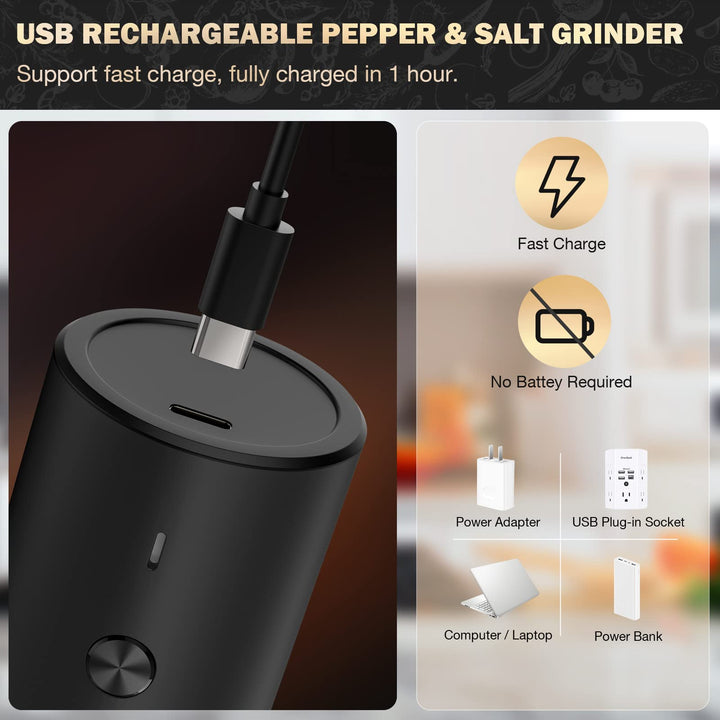 Electric Salt and Pepper Grinder Set Rechargeable, Stainless Steel Salt and Pepper Grinder Mill Set with Adjustable Coarseness, Automatic One Hand Operation, Modern Style, Black, 2 Pack