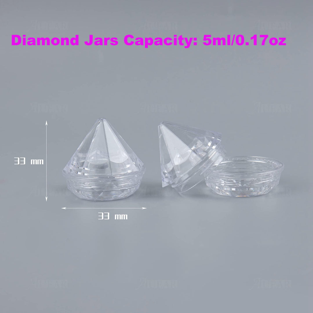 AUEAR, 50 Pack Diamond Shaped Clear Jars 5 ML Empty Refillable Cosmetic Small Jar Makeup Container with Lids Sample Trial Case Storage Box for Party Favors Container Decor