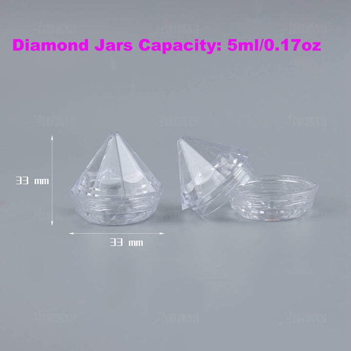 AUEAR, 50 Pack Diamond Shaped Clear Jars 5 ML Empty Refillable Cosmetic Small Jar Makeup Container with Lids Sample Trial Case Storage Box for Party Favors Container Decor