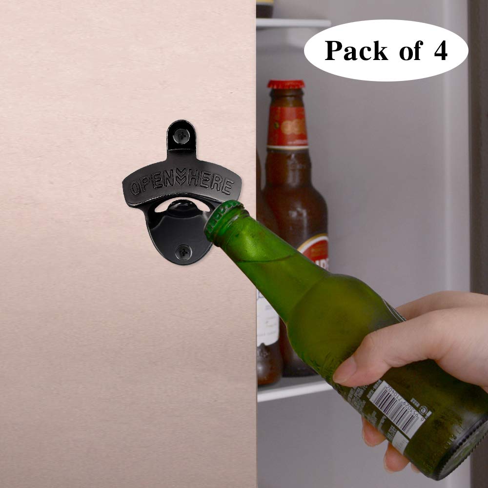 4 Pcs Bottle Opener Wall Mounted, Antique Metal Beer Bottle Top Openers Hardware With Mount Screws Set, Outdoor, Rustic, Cabinet, Vintage Bar (Black)