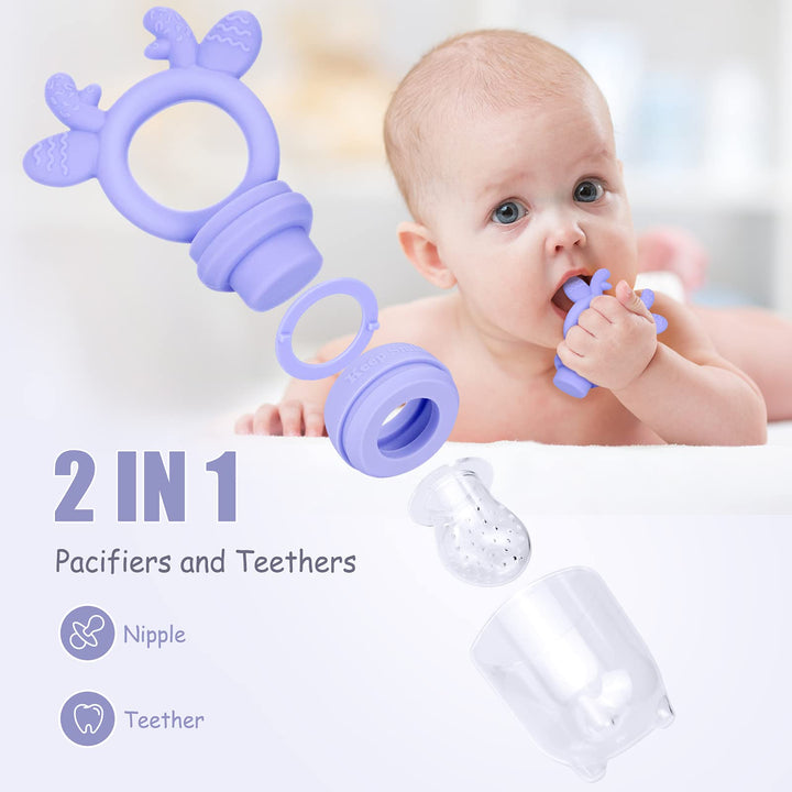 SHARE&CARE Fresh Food Feeder Pacifier Includes 3 Sizes Replaceable Silicone Pouches Food Grade Silicone Fresh Fruit Feeders (Purple)