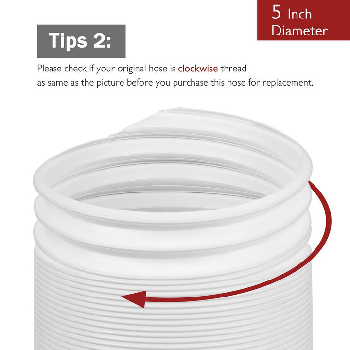 Polypropylene Portable Air Conditioner Universal Exhaust Hose - 5 Inch Diameter, 78 Inch Length, Clockwise Thread