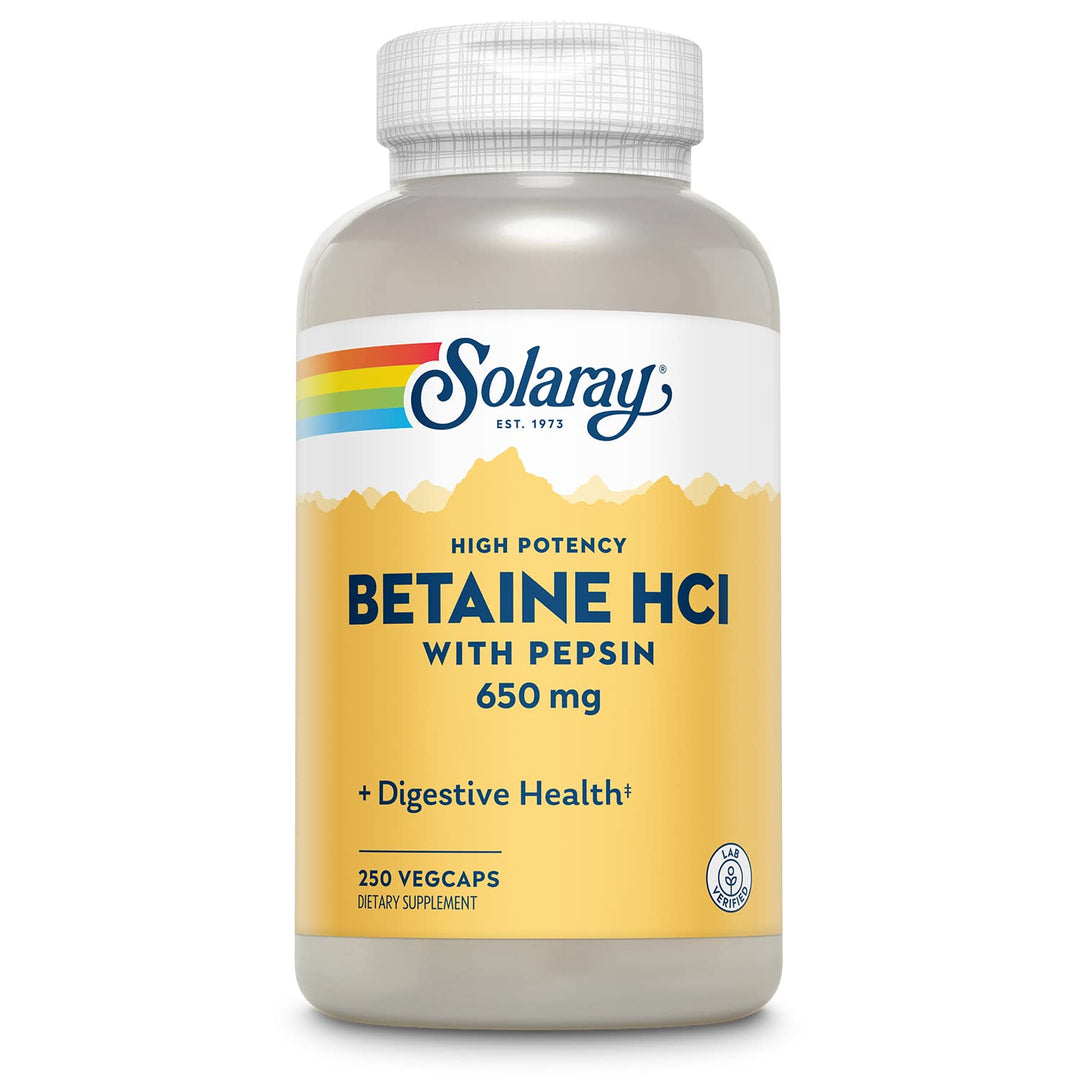 Solaray High Potency Betaine HCL with Pepsin - Hydrochloric Acid Supplement for Digestive Health - with Betaine Hydrochloride and Digestive Enzymes - Gut Health Support - 60-Day Guarantee, 250 VegCaps