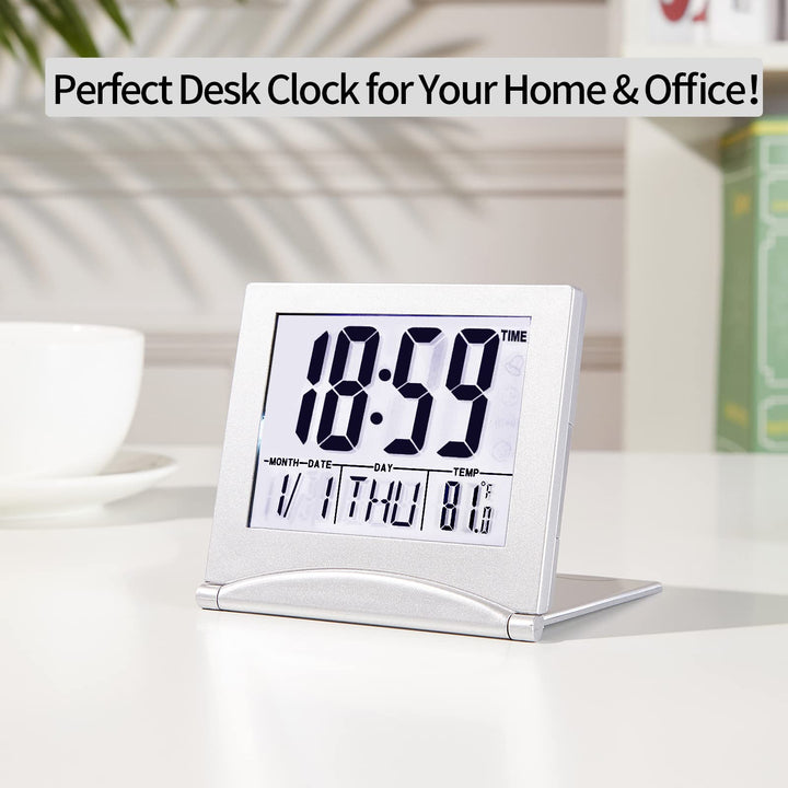 Small Digital Travel Alarm Clock Battery Operated, Portable Large Number Display Loud Alarm Clock with Temperature, Night Backlight, 12/24 H Desk Clock -Silver (White Light)