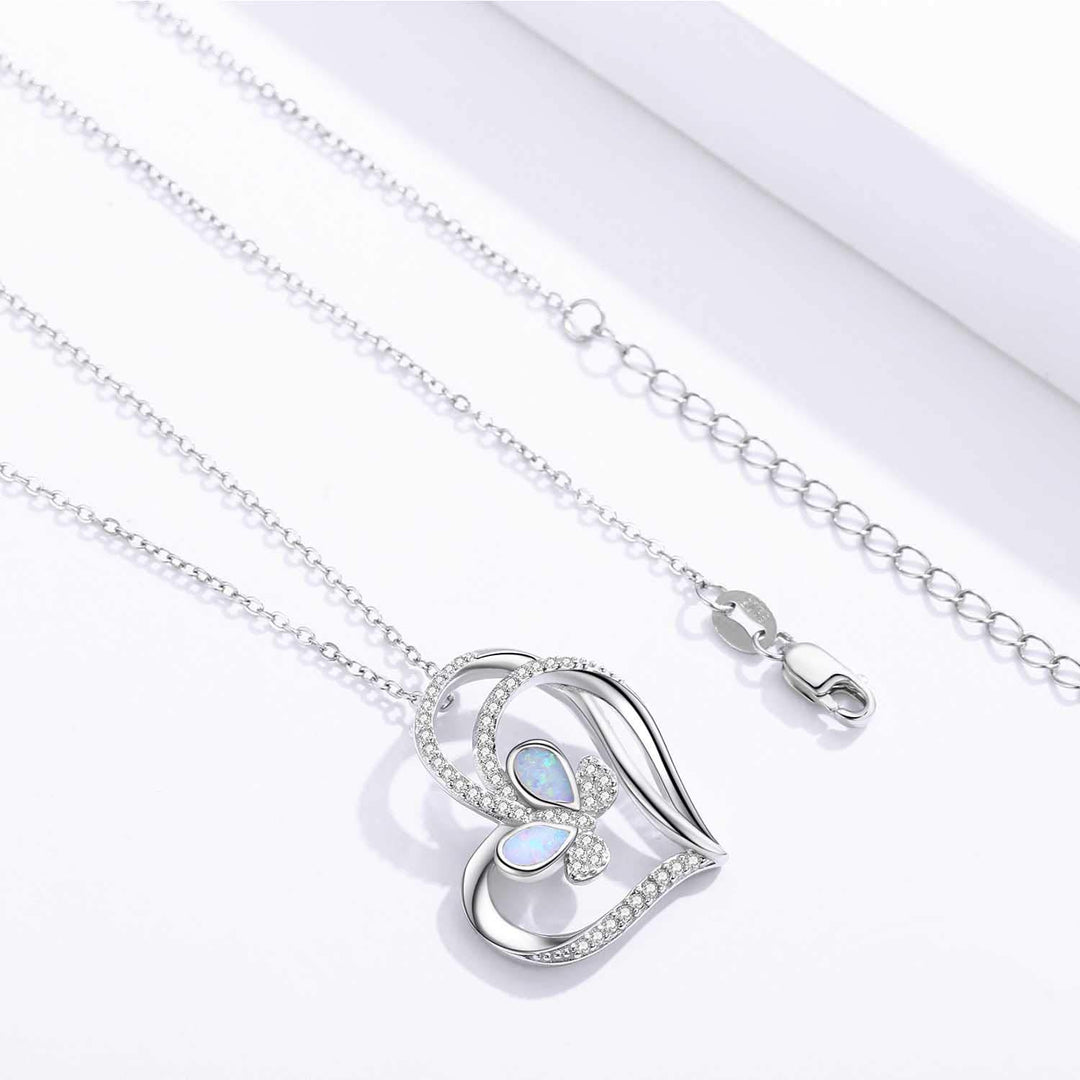 925 Sterling Silver with White Opal Butterfly Necklace, Double Heart with Cubic Zircon Butterfly Jewelry Mother Day Gift for Women Girlfriend Daughter with Gift Box (Opal Butterfly Necklace)