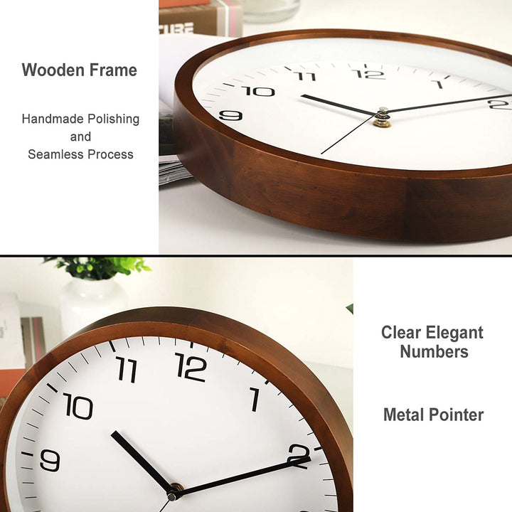 12 Inches Round Wooden Wall Clock Battery Operated Silent Non-Ticking,Metal Pointer&amp;Glass Cover, for Office Kitchen Bedroom Classroom&amp;Living Room, Brown