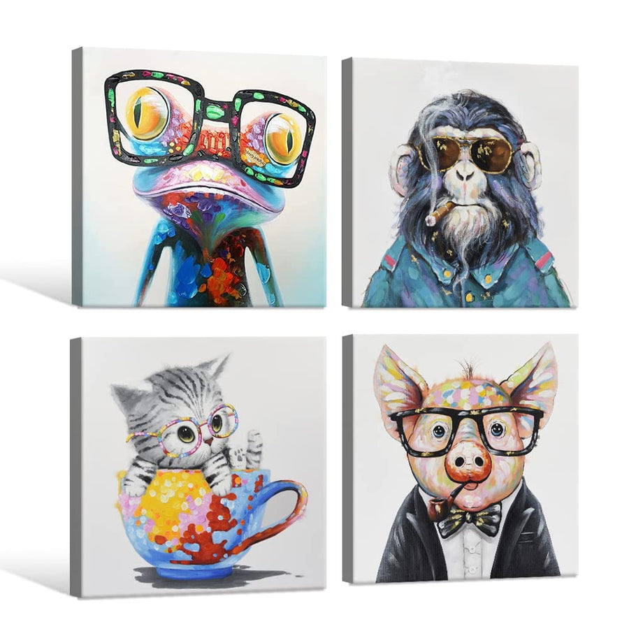 Colorful Animals Wall Art Happy Frog Cat Pig Chimp Canvas Paintings Cartoon Poster Pictures Print Kids Wall Art for Kids Bedroom Nursery Wall Office Decor