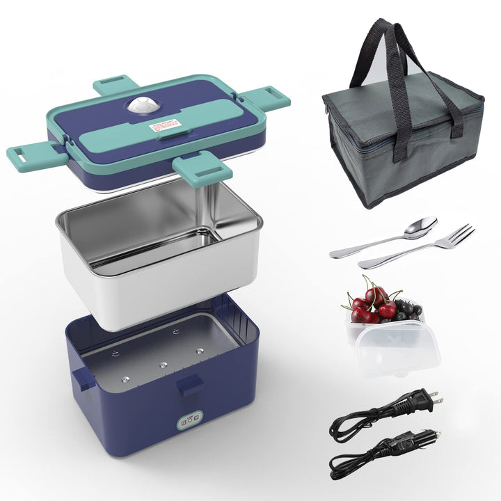 Heated Bento Box Electric Lunch Box Portable Food Warmer Heating Lunch Box Lunch Heater for Car&amp;work Leak Proof 12V 24V110V 3 Grid Plate Removable Container for Adults with Carry Bag (White)