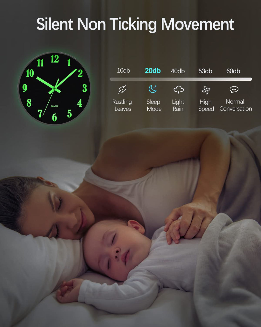 Glow in The Dark Clock, 12 Inch Modern Silent Non Ticking Wall Clocks Battery Operated, Night Light Wall Clock for Living Room Decor, Wall Clock Decorative for Kitchen Bedroom (Green)
