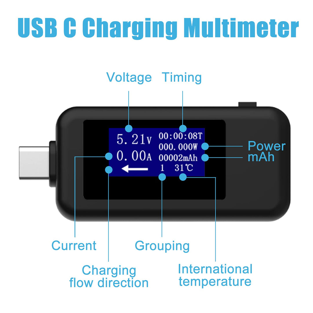 USB C Power Meter Tester Type C USB Tester, USB C Digital Multimeter 0-5.1A 4-30V LCD Display Volt and Amp Meter for USB-C Cables, Laptops, Phones, Chargers - QC 2.0 &amp; QC 3.0