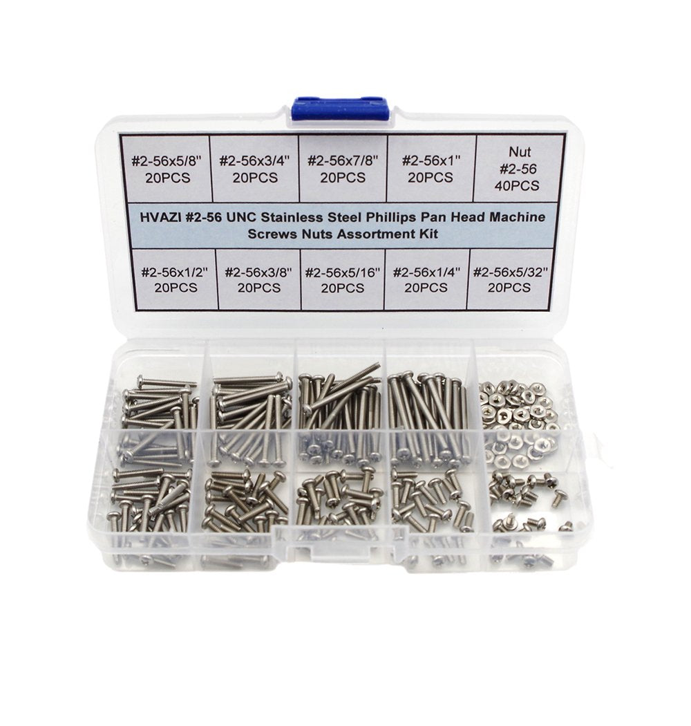 #2-56 UNC Stainless Steel Phillips Pan Head Machine Screws Nuts Assortment Kit (#2-56UNC)