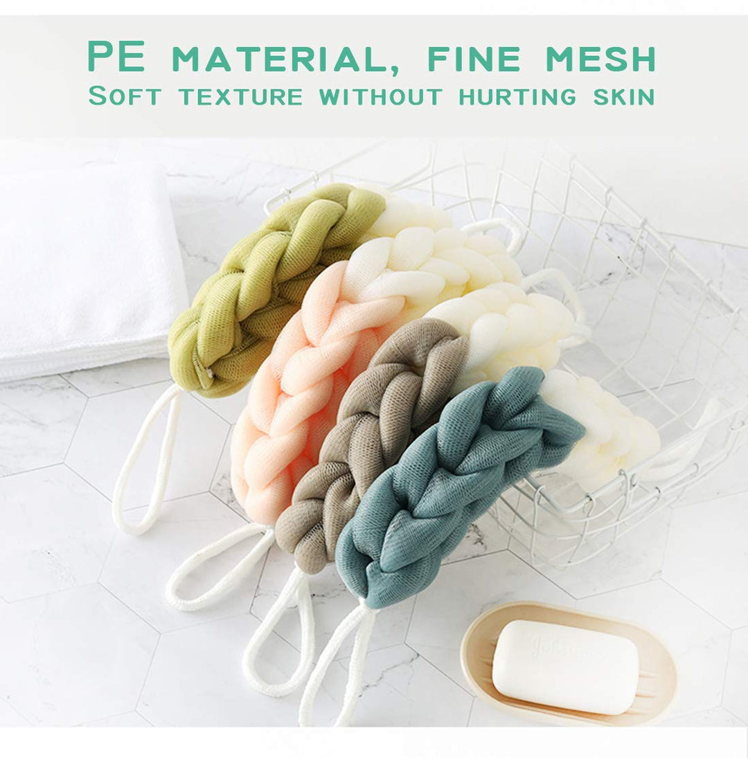 4 Packs Long Stretch Back Sponge with Rope Handles Back Scrubber Bath Shower Mesh Sponge Exfoliating Body Scrub Stretch Braided Loofah for Men and Women (1 White+1 Grey+1 Pink+1 Lotus Pink