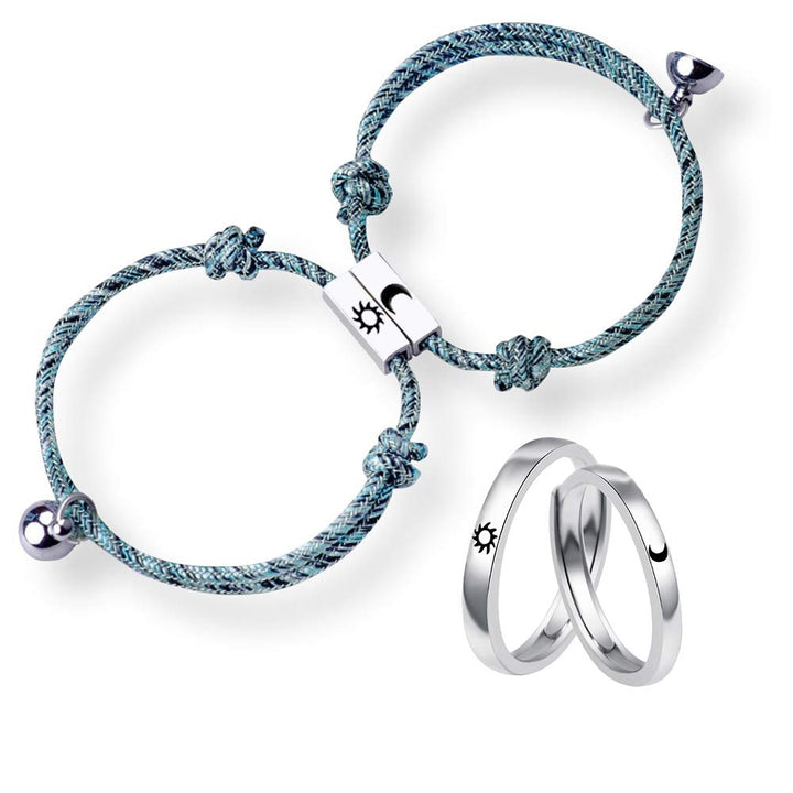 4PCS Sun and Moon Couple Promise Jewelry Set Black Hand-Woven Bracelets Couple Opening Rings for Lovers Best Friends