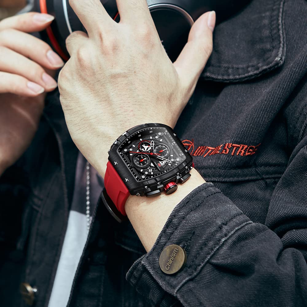 Mens Watches Luxury Tonneau Large Face Chronograph Watches for Men Quartz Analog Replica Luminous Dial with Red Silicone Strap Men&#39;s Wrist Watches Business Work Dress Diver Cool Wristwatch