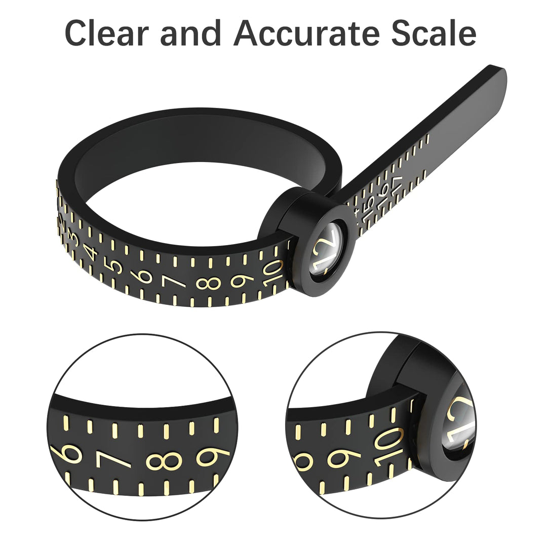 Ring Sizer 1-17 REIDEA Measuring Tool with Magnified Glass, Reusable Finger Size Gauge Jewelry Sizing Tool USA Rings Size (Black Sizer Gold Scale)