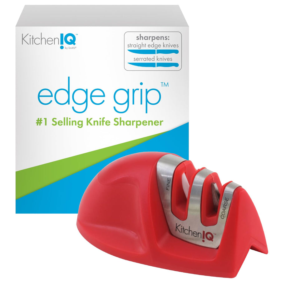 50883 Edge Grip 2-Stage Knife Sharpener, Red, Coarse & Fine Sharpeners, Compact for Easy Storage, Stable Non-Slip Base, Soft Grip Rubber Handle, Straight & Serrated Knives