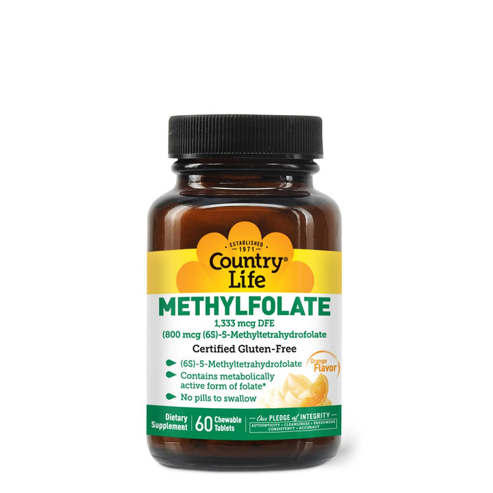 Country Life Methylfolate Chewable Tablets - Metabolically Active Folate - Great Tasting Orange Flavor - Gluten-Free - Smooth Melts - Vegan B12 - Women's Vitamins - Daily Supplement - 60 Tablets