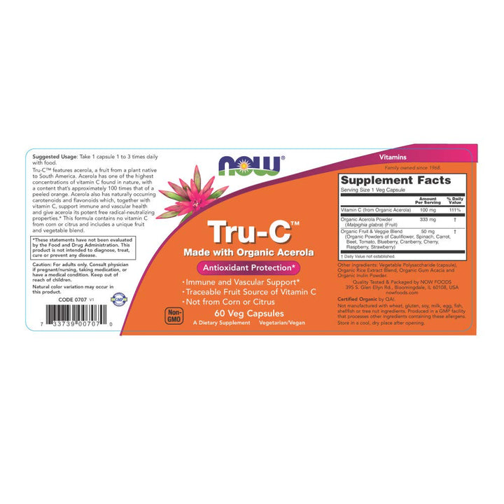 NOW Supplements, Tru-C™ with Traceable Fruit Source of Vitamin C, 60 Veg Capsules