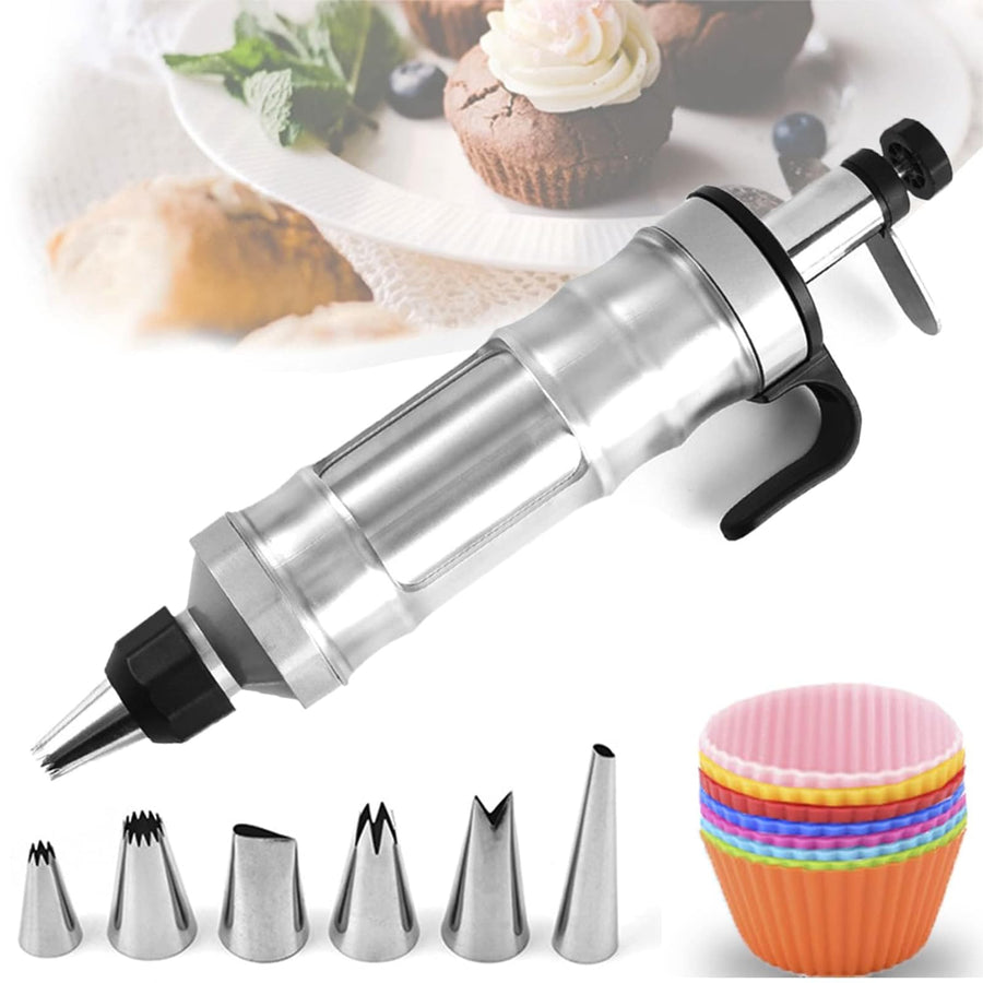 Dessert Decorating Syringe Set, Frosting Piping Kit Stainless Steels Cake Decorating Kit 6 Piping Tips Cupcake Decorating Kit Piping Bags and Tips Set