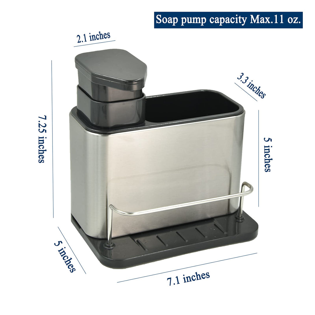 Soap Dispenser with Sponge Holder and Brush Holder, Kitchen Dish Soap Pump Sink Caddy for Countertop, Stainless Steel