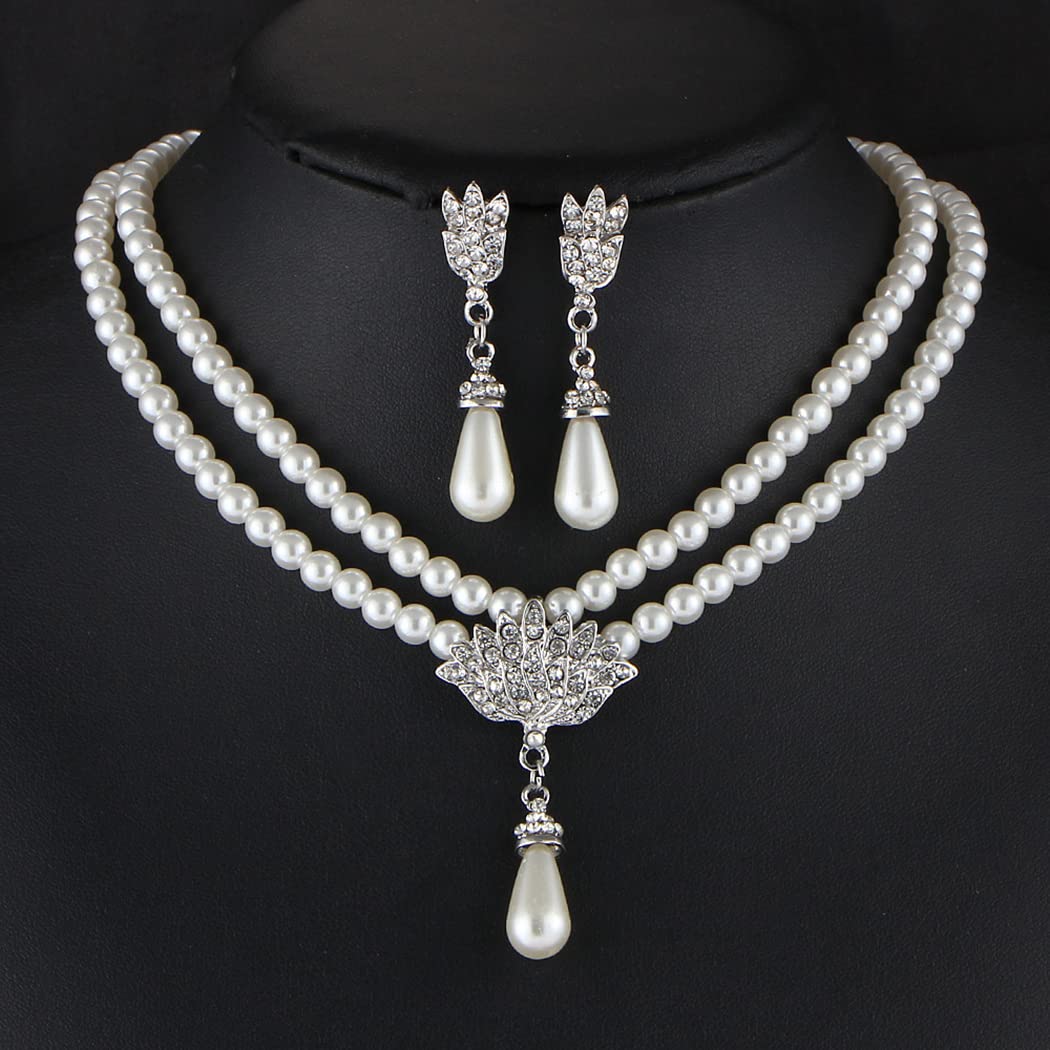 Bridal Pearl Necklace Earring Set Silver Rhinestone Wedding Jewelry Set Bride Choker Necklace Accessories for Women(Set of 3)