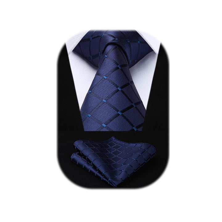 HISDERN Plaid Blue Tie Handkerchief Woven Classic Men&a