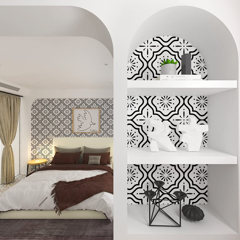 Peel and Stick Wallpaper Boho Contact Paper for Cabinets Black and White Wallpaper for Bedroom Geometric Wallpaper Self-Adhesive Wallpaper Kitchen Wallpaper Drawer Liner Waterproof Vinyl 17.5“×78.7”