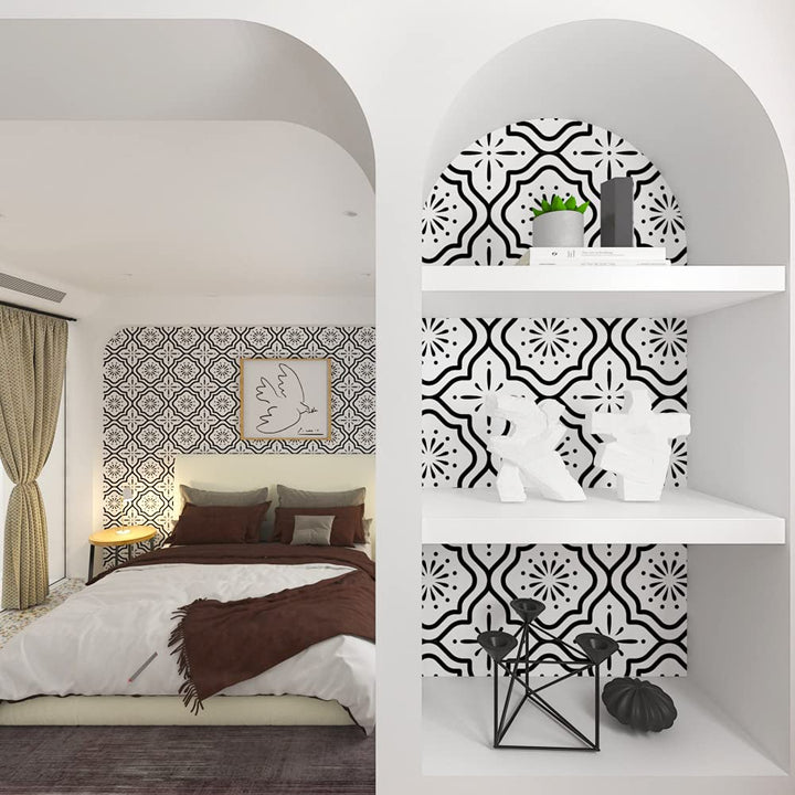 Peel and Stick Wallpaper Boho Contact Paper for Cabinets Black and White Wallpaper for Bedroom Geometric Wallpaper Self-Adhesive Wallpaper Kitchen Wallpaper Drawer Liner Waterproof Vinyl 17.5“×78.7”