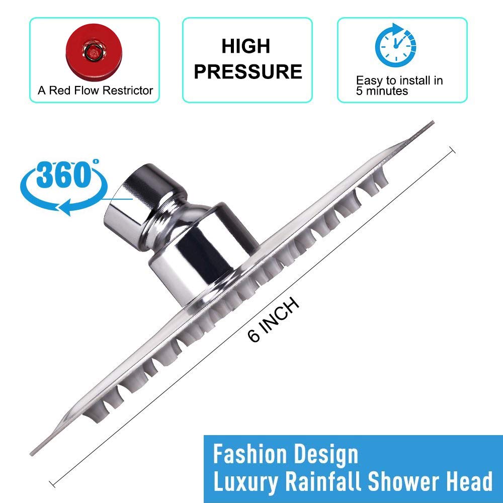 Rain Shower Head, Ultra-Thin Design-Pressure Boosting, Awesome Some Experience, High Pressure High Flow Stainless Steel Rainfall Shower Head (6 Inch,Chrome Finish)
