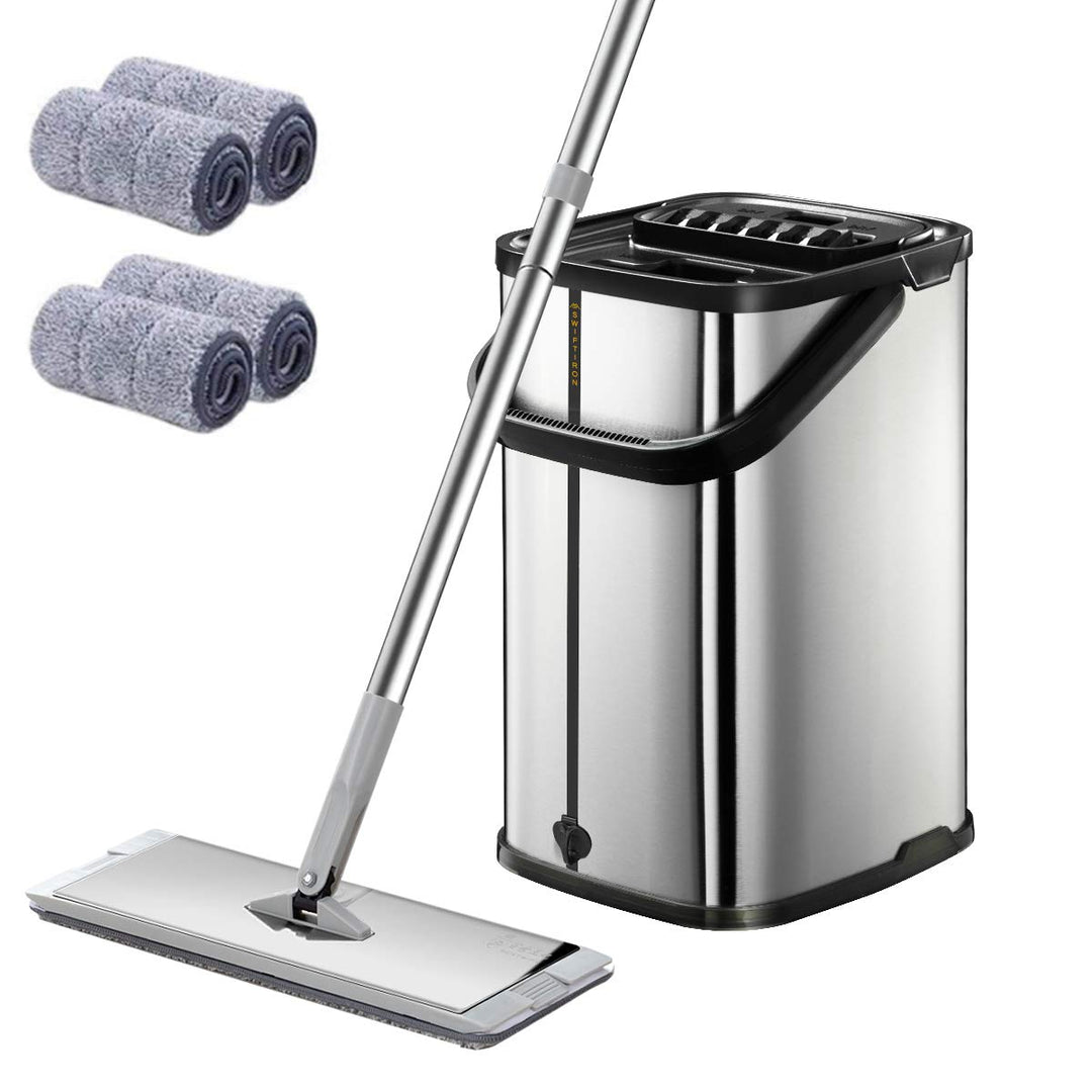 Silver Squeeze Flat Floor Mop and Bucket Set, Stainless Steel Handle Adjustable, 4 Washable &amp; Reusable Microfiber Mop Pads, Professional Commercial Home Mops for Floor Cleaning