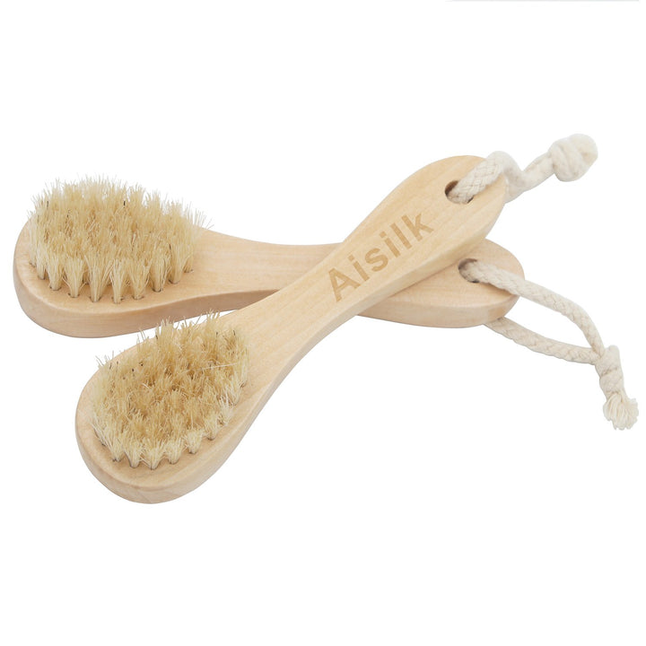 2pcs Natural Bristle Wood Handle Face Facial Skin Scrub Cleaner Cleansing Brush