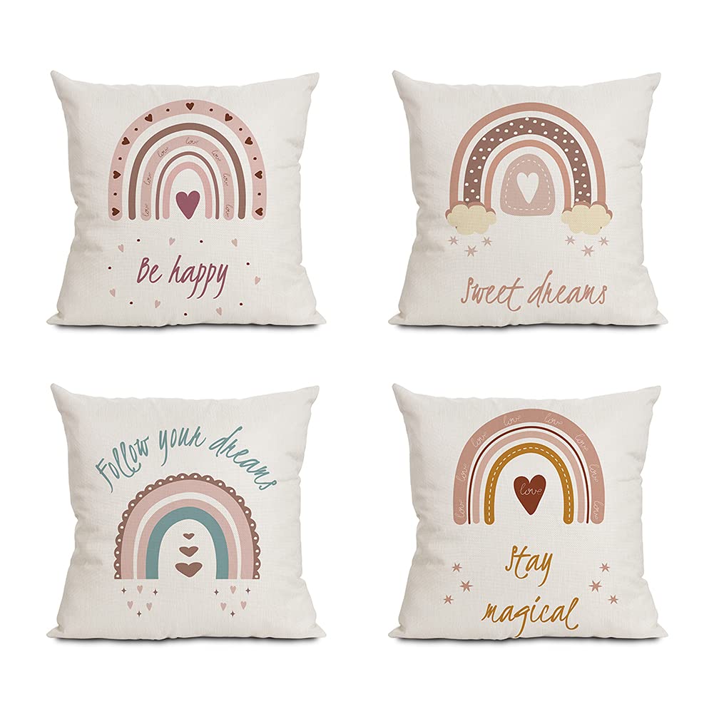 Boho Rainbow Throw Pillow Covers, 18 x Inch Theme Cases Cotton Linen Pillowcases Square Cushion Case for Baby Nursery Bedroom Sofa Home Decor Set of 4 (Rainbow) (BA-08)