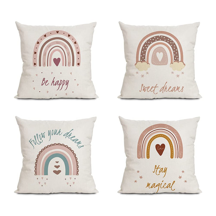 Boho Rainbow Throw Pillow Covers, 18 x Inch Theme Cases Cotton Linen Pillowcases Square Cushion Case for Baby Nursery Bedroom Sofa Home Decor Set of 4 (Rainbow) (BA-08)