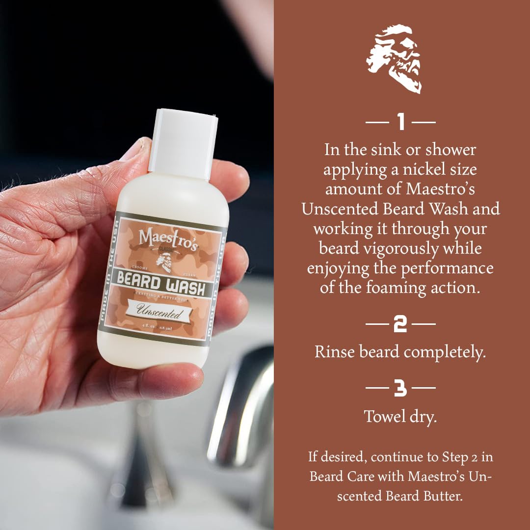 Maestro&#39;s Classic BEARD WASH | Deep Cleaning, Non-Drying, Fully Hydrating Gentle Cleanser For All Beard Types &amp; Lengths- Unscented, 8 Ounce