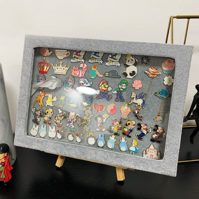 11x8 Inch Dustproof Pin Display Case Shadow Box Frame with Hooks for Military Medal Jewelry Pin Badge Collection, Gray Velvet