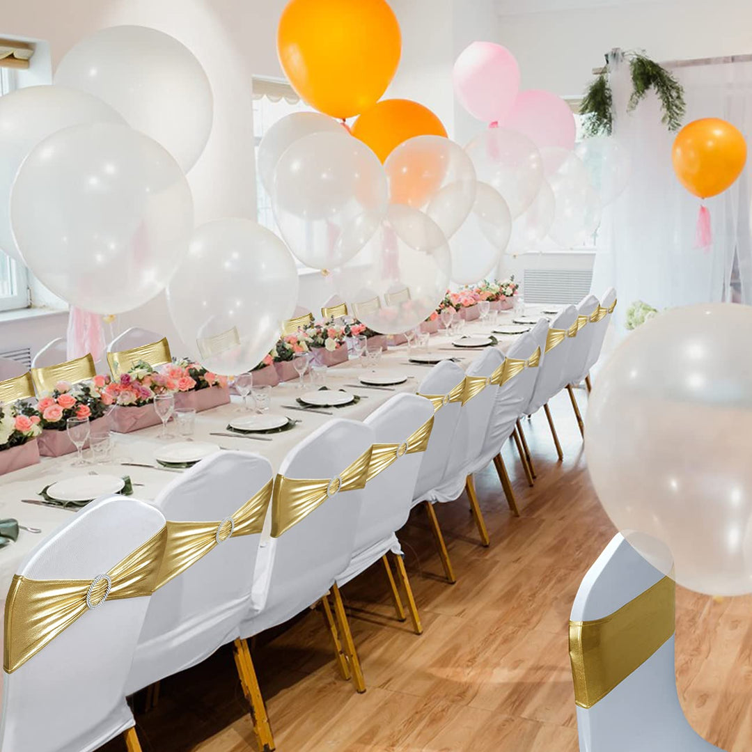 Spandex Chair Sashes Bows 50PCS Premium Stretch Chair Cover Band with Buckle Slider Universal Elastic Chair Ties for Wedding Party Ceremony Reception Banquet Decoration (Metallic Gold)