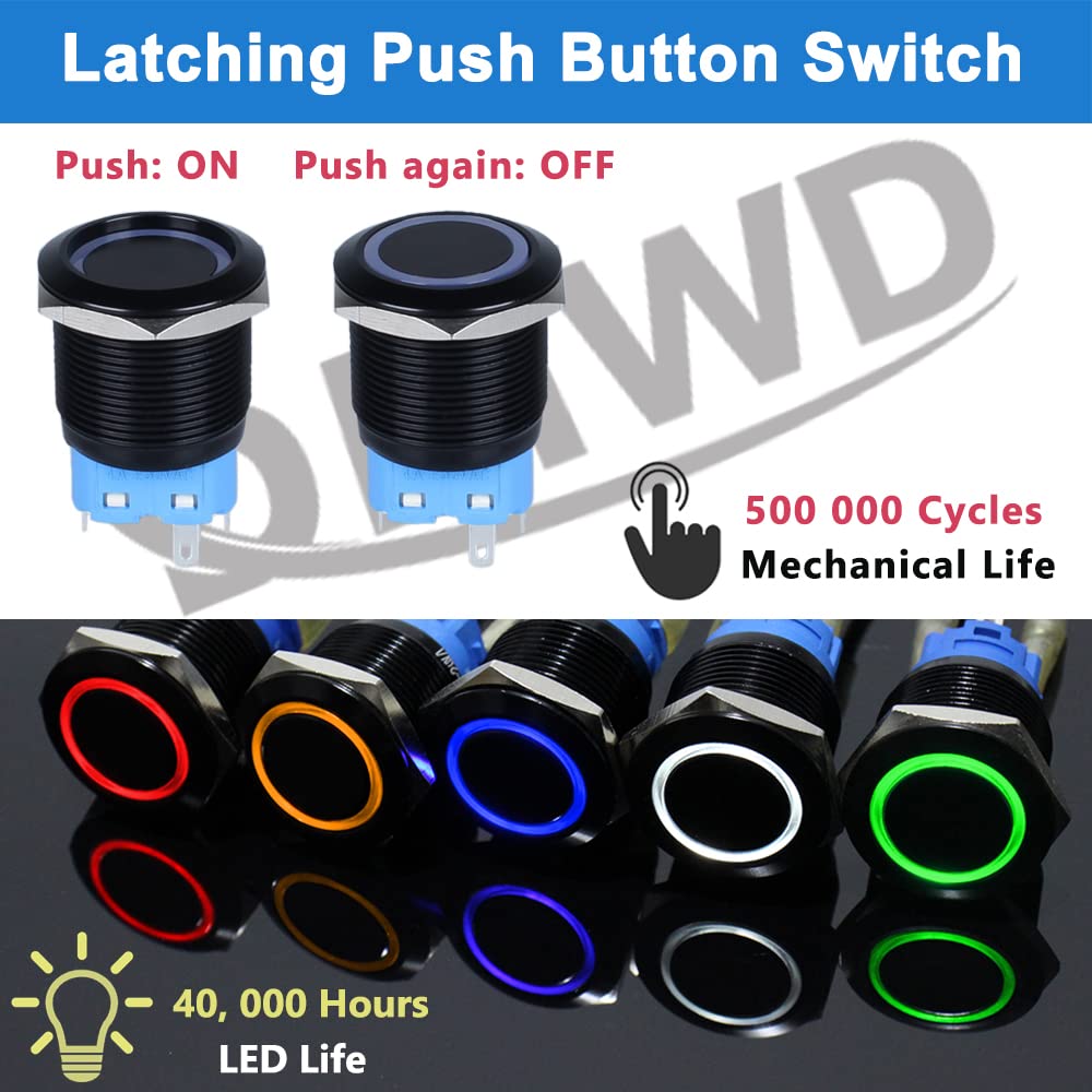 2PCS 22mm Metal Latching Push Button Switch Waterproof Anti-Vandal Black Shell with Pre-Wired Socket for 7/8 Mounting Hole 12V-24V ON Off 1NO 1NC Halo Ring Red LED